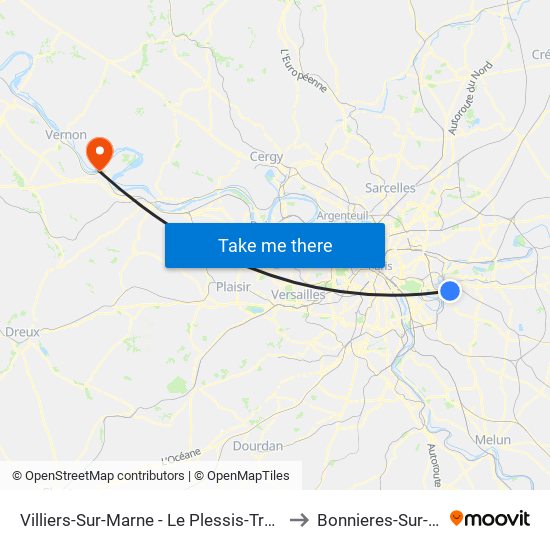 Villiers-Sur-Marne - Le Plessis-Trévise RER to Bonnieres-Sur-Seine map