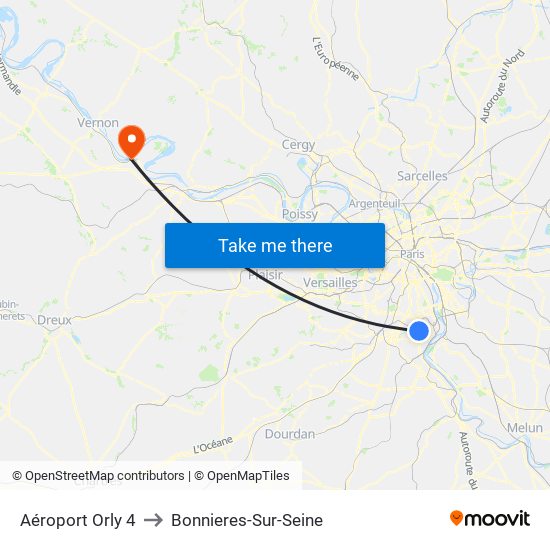 Aéroport Orly 4 to Bonnieres-Sur-Seine map