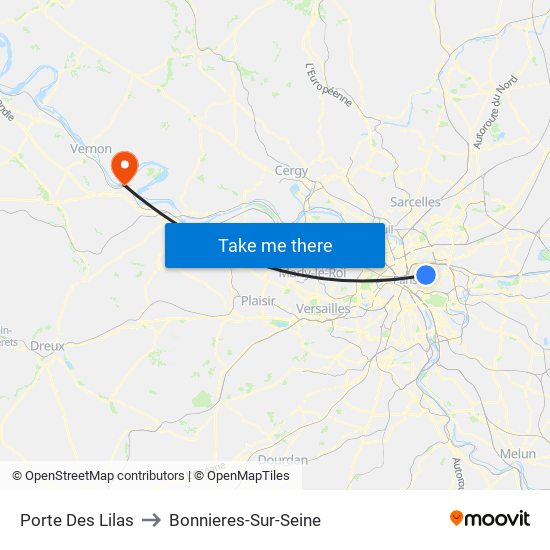 Porte Des Lilas to Bonnieres-Sur-Seine map