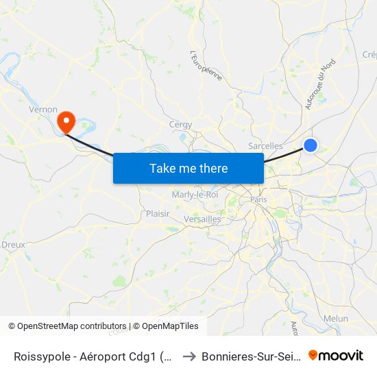 Roissypole - Aéroport Cdg1 (D1) to Bonnieres-Sur-Seine map