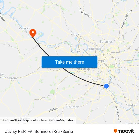 Juvisy RER to Bonnieres-Sur-Seine map