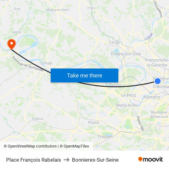 Place François Rabelais to Bonnieres-Sur-Seine map