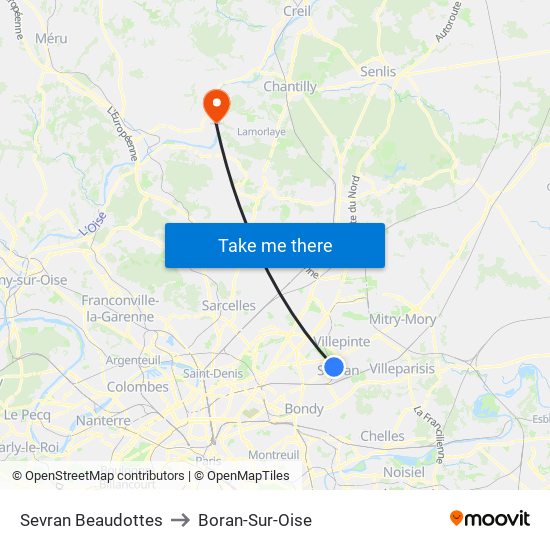 Sevran Beaudottes to Boran-Sur-Oise map