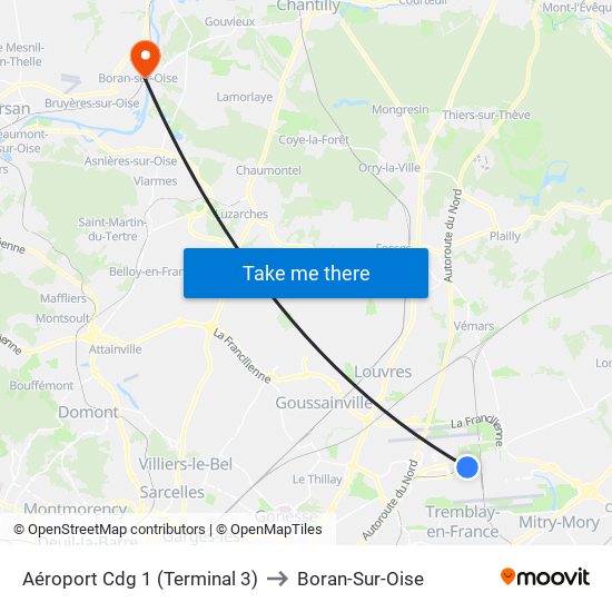 Aéroport Cdg 1 (Terminal 3) to Boran-Sur-Oise map