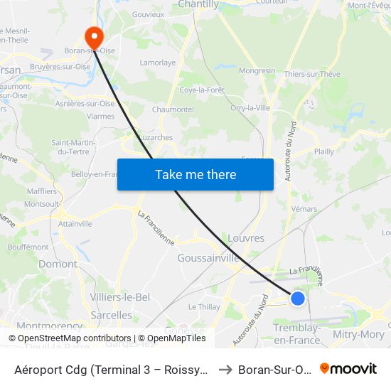 Aéroport Cdg (Terminal 3 – Roissypôle) to Boran-Sur-Oise map