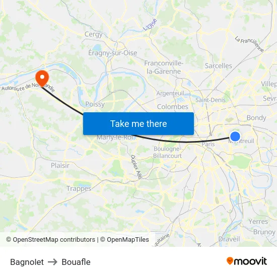 Bagnolet to Bouafle map