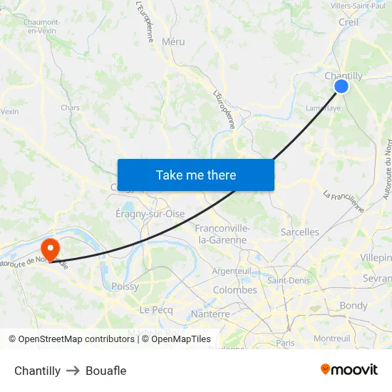 Chantilly to Bouafle map