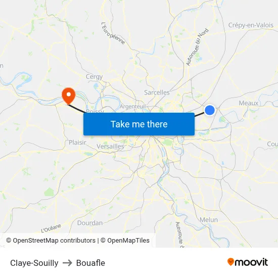 Claye-Souilly to Bouafle map