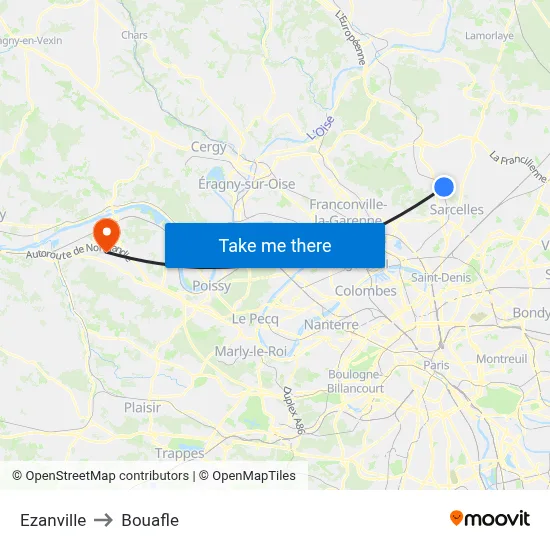 Ezanville to Bouafle map