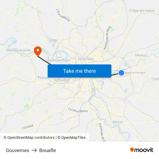 Gouvernes to Bouafle map