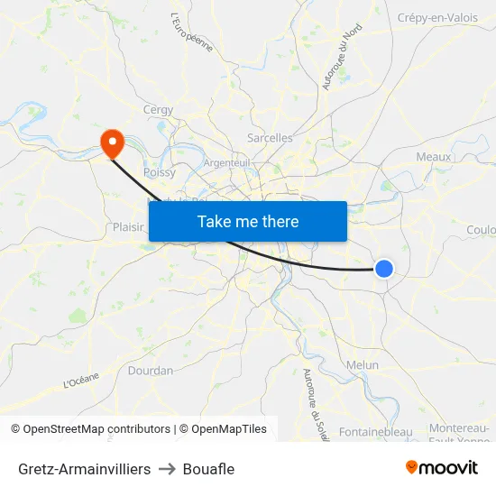 Gretz-Armainvilliers to Bouafle map