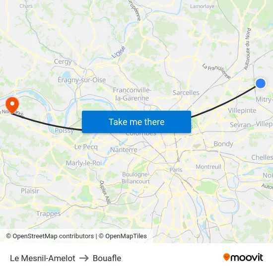 Le Mesnil-Amelot to Bouafle map