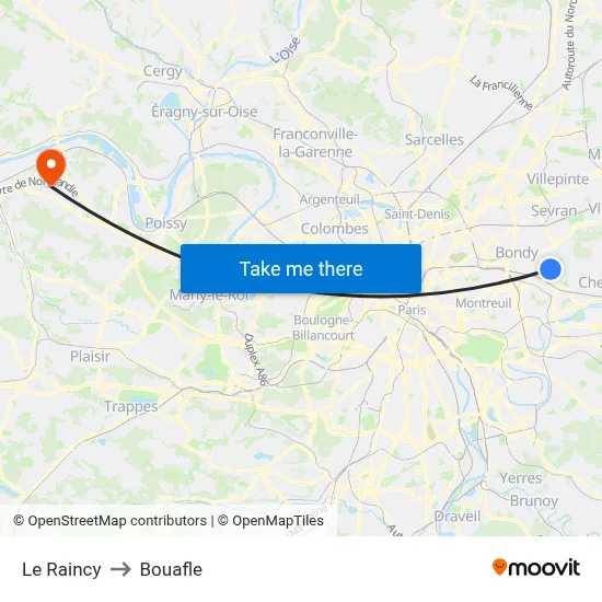 Le Raincy to Bouafle map