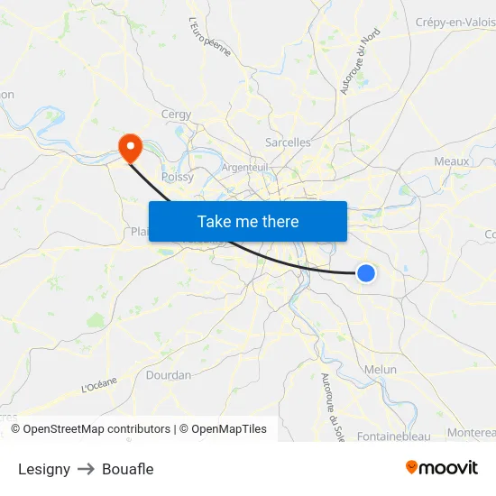 Lesigny to Bouafle map