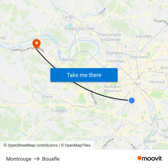 Montrouge to Bouafle map
