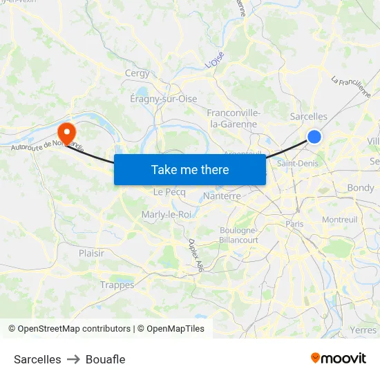 Sarcelles to Bouafle map