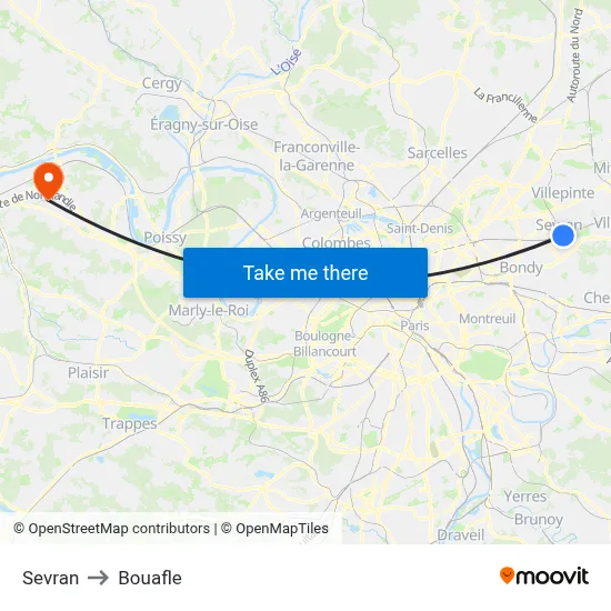 Sevran to Bouafle map