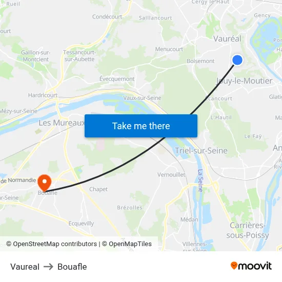 Vaureal to Bouafle map