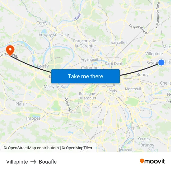 Villepinte to Bouafle map