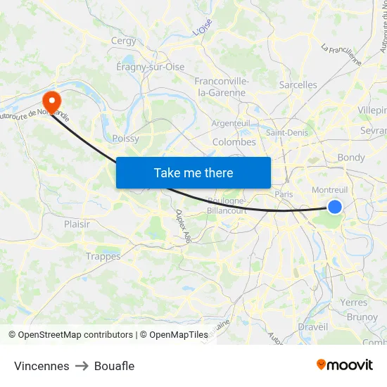 Vincennes to Bouafle map