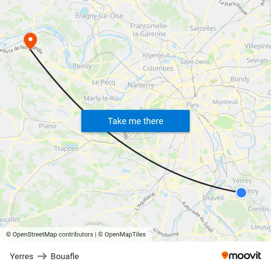 Yerres to Bouafle map