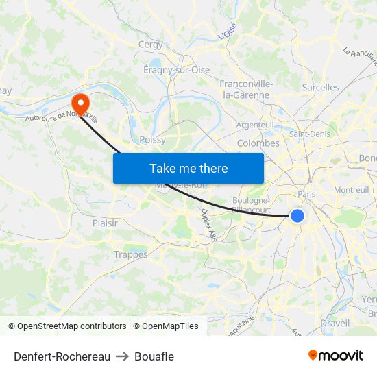 Denfert-Rochereau to Bouafle map