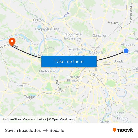 Sevran Beaudottes to Bouafle map