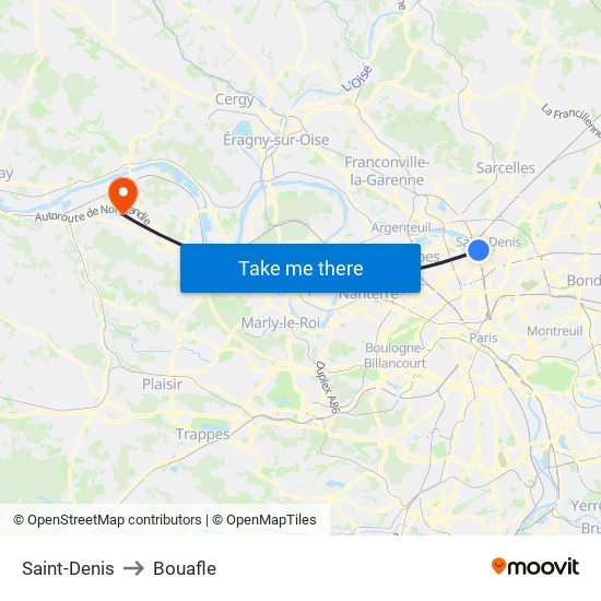 Saint-Denis to Bouafle map