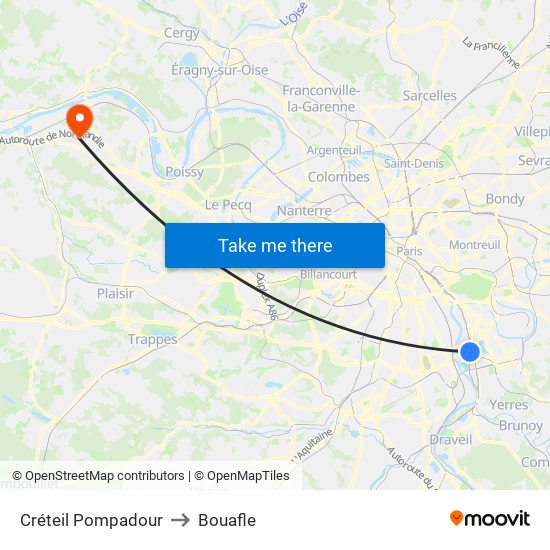 Créteil Pompadour to Bouafle map