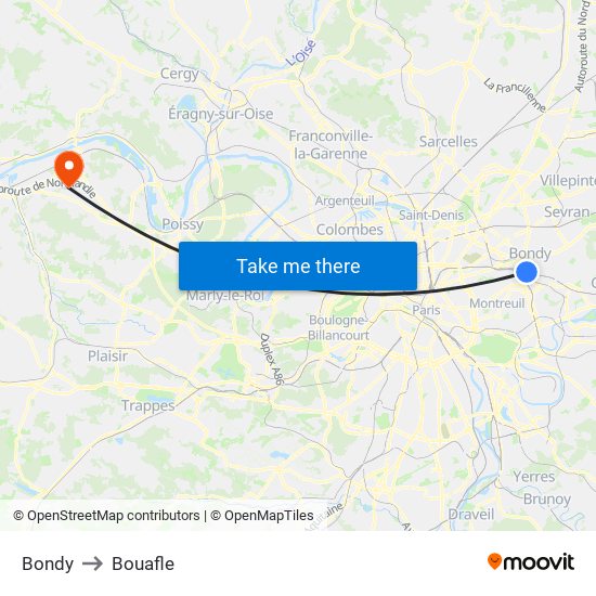 Bondy to Bouafle map