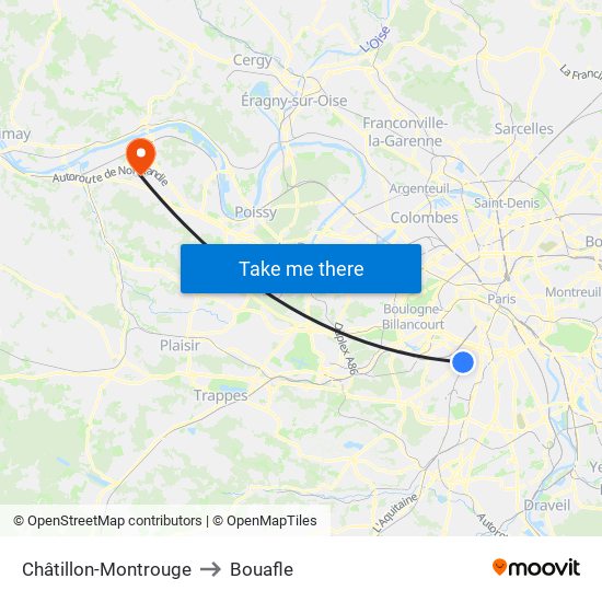Châtillon-Montrouge to Bouafle map