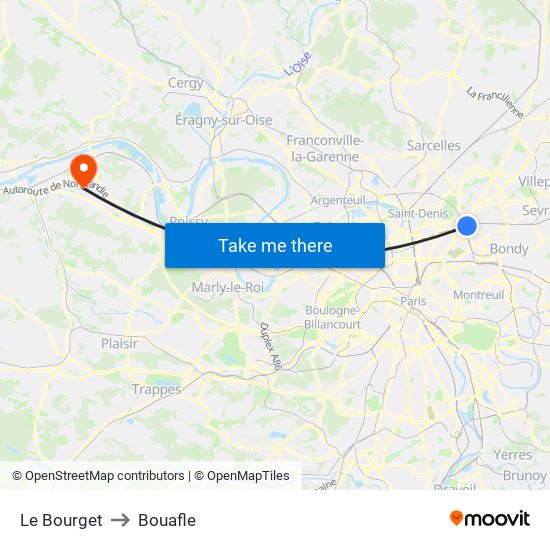 Le Bourget to Bouafle map