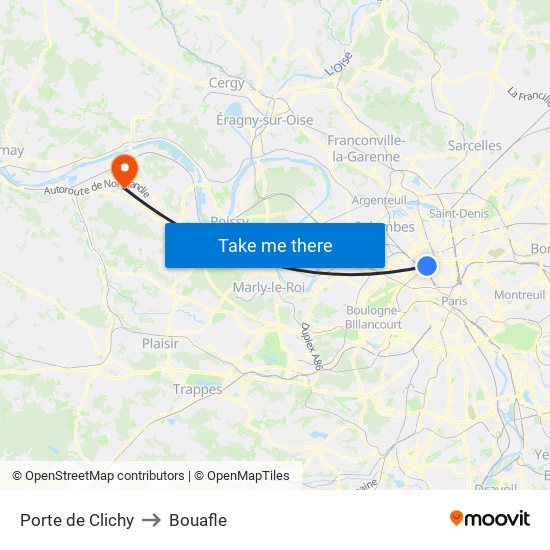 Porte de Clichy to Bouafle map