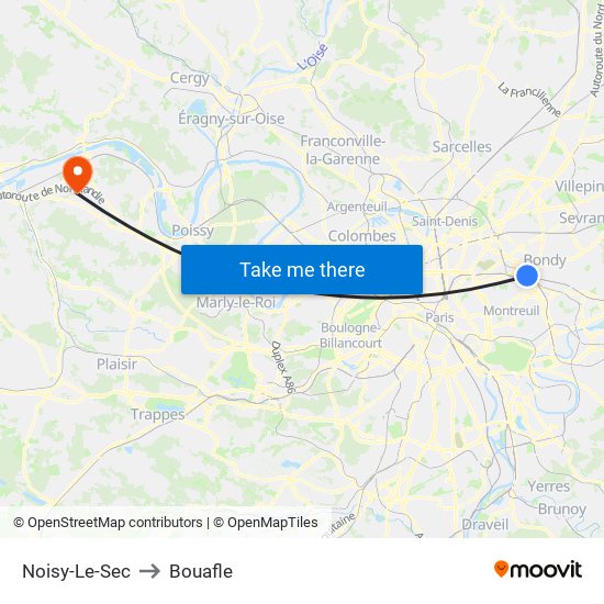 Noisy-Le-Sec to Bouafle map