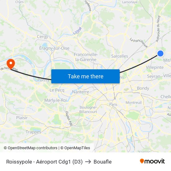 Roissypole - Aéroport Cdg1 (D3) to Bouafle map