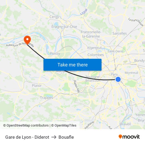 Gare de Lyon - Diderot to Bouafle map