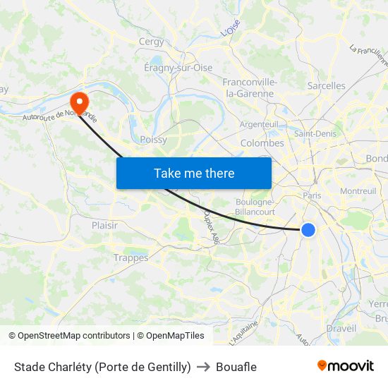 Stade Charléty (Porte de Gentilly) to Bouafle map