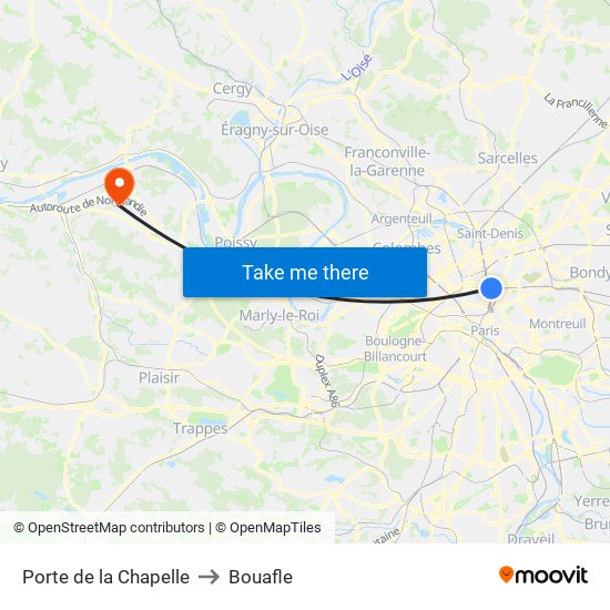 Porte de la Chapelle to Bouafle map