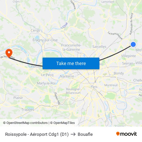 Roissypole - Aéroport Cdg1 (D1) to Bouafle map