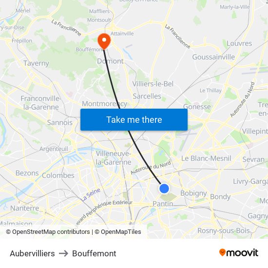 Aubervilliers to Bouffemont map