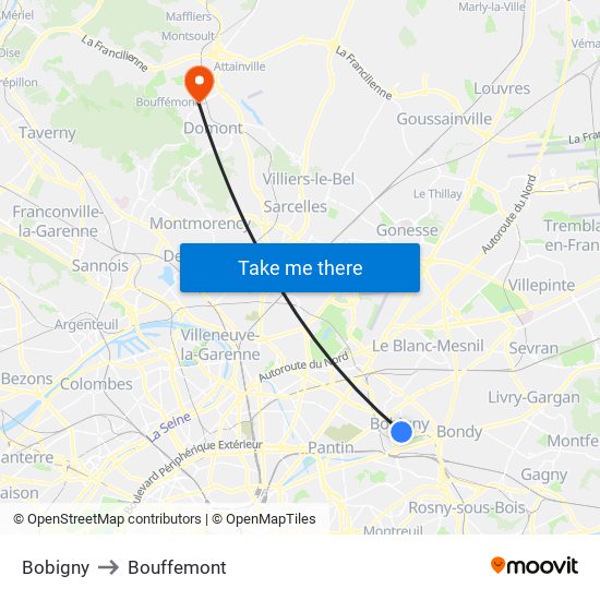 Bobigny to Bouffemont map