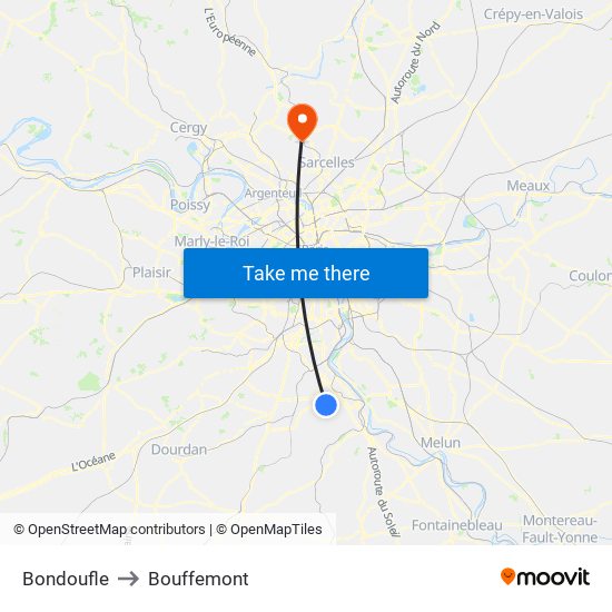 Bondoufle to Bouffemont map