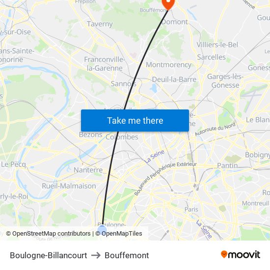 Boulogne-Billancourt to Bouffemont map