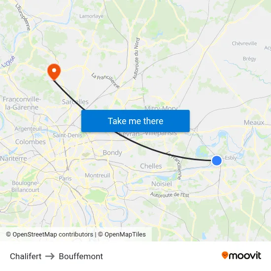 Chalifert to Bouffemont map