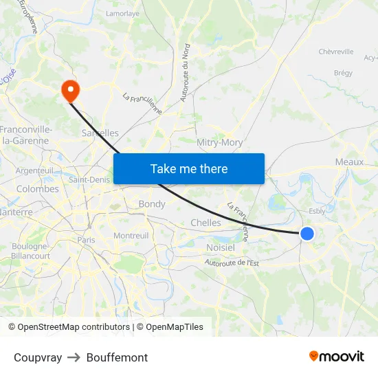 Coupvray to Bouffemont map