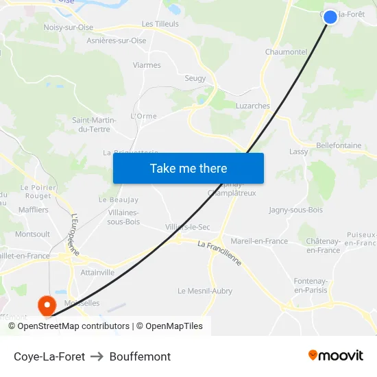 Coye-La-Foret to Bouffemont map