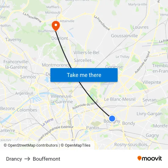 Drancy to Bouffemont map