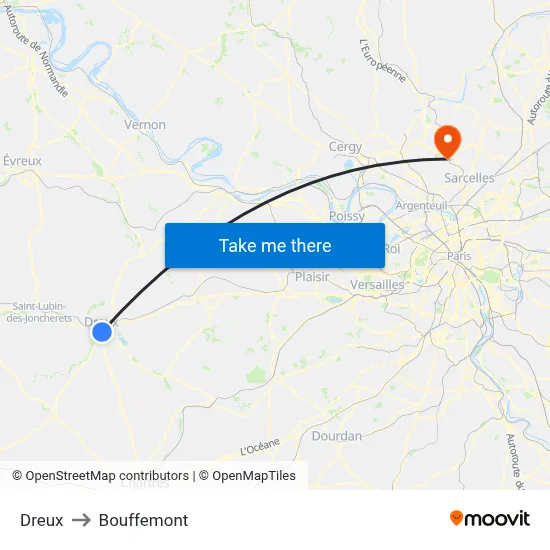 Dreux to Bouffemont map