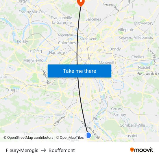 Fleury-Merogis to Bouffemont map