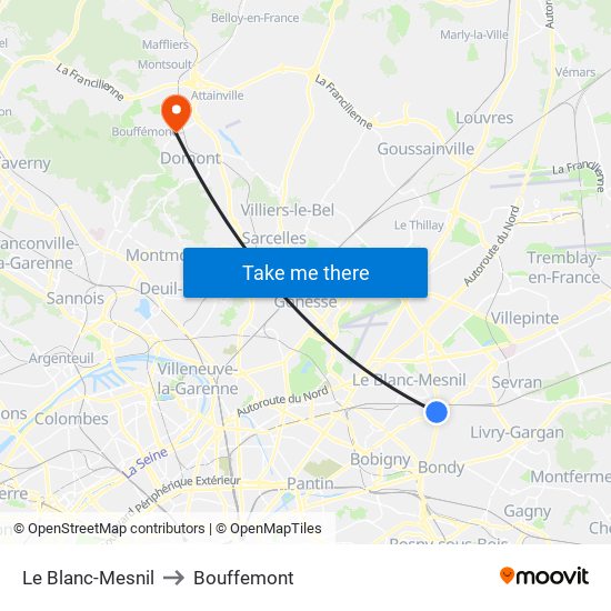 Le Blanc-Mesnil to Bouffemont map